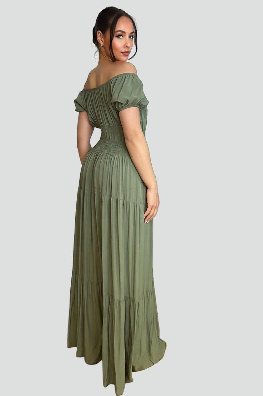 Button Details Shirrred Waist Milkmaid Maxi Dress-SinglePrice