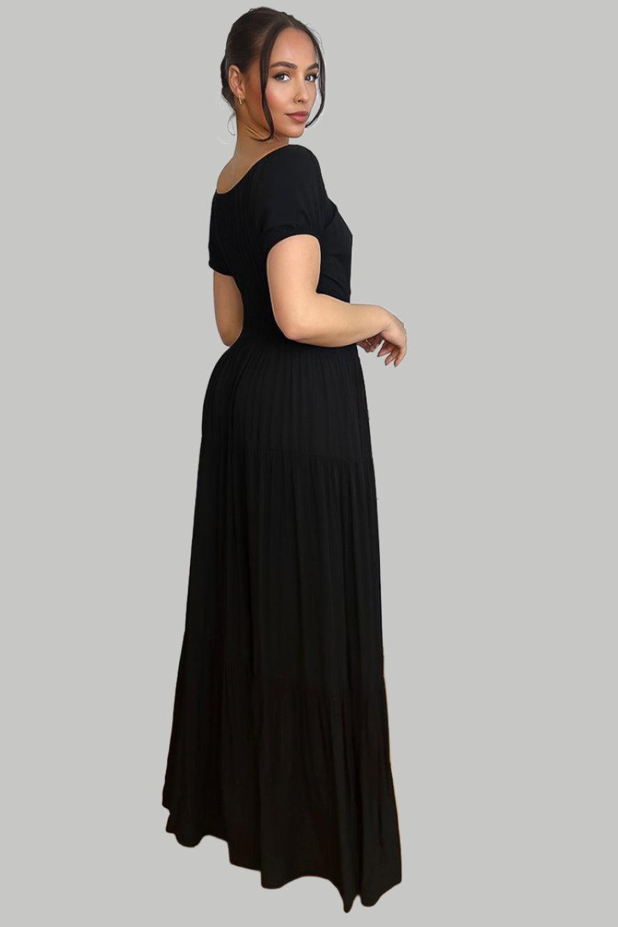 Button Details Shirrred Waist Milkmaid Maxi Dress-SinglePrice