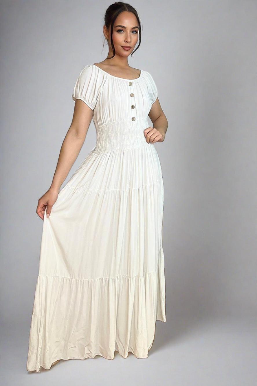 Button Details Shirrred Waist Milkmaid Maxi Dress-SinglePrice