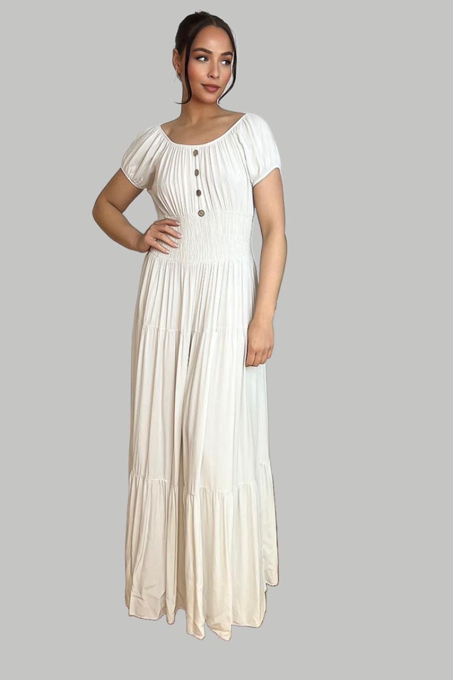 Button Details Shirrred Waist Milkmaid Maxi Dress-SinglePrice