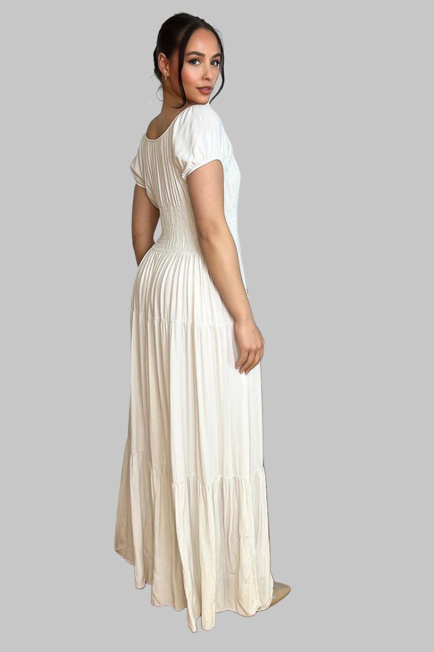Button Details Shirrred Waist Milkmaid Maxi Dress-SinglePrice