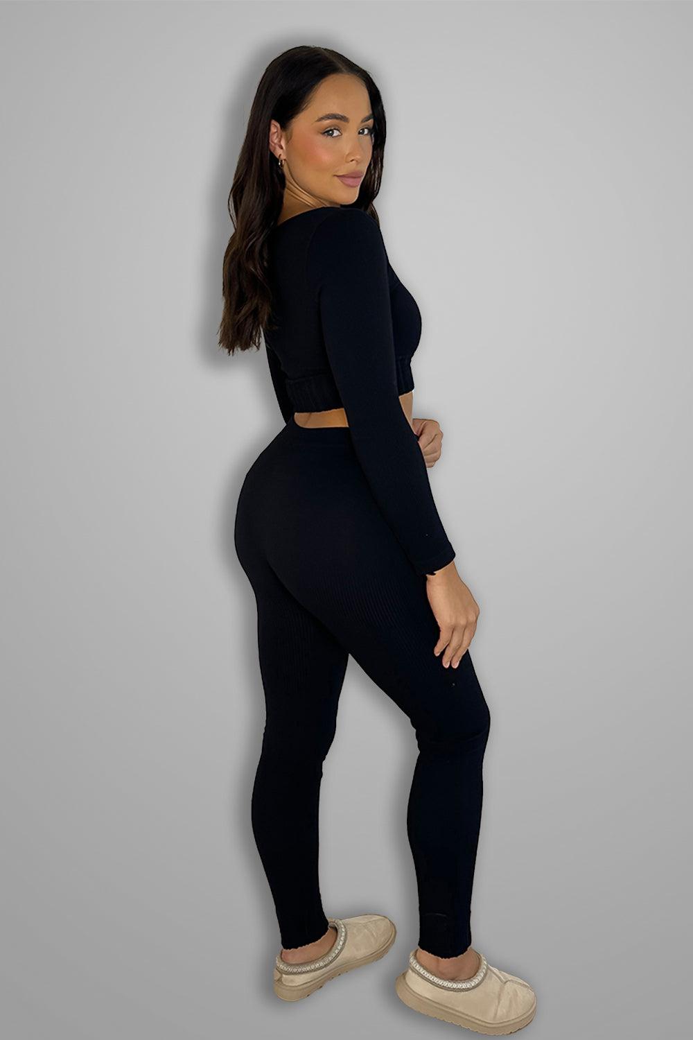 Ribbed Stretch Jersey Square Neck Top And Leggings Set-SinglePrice