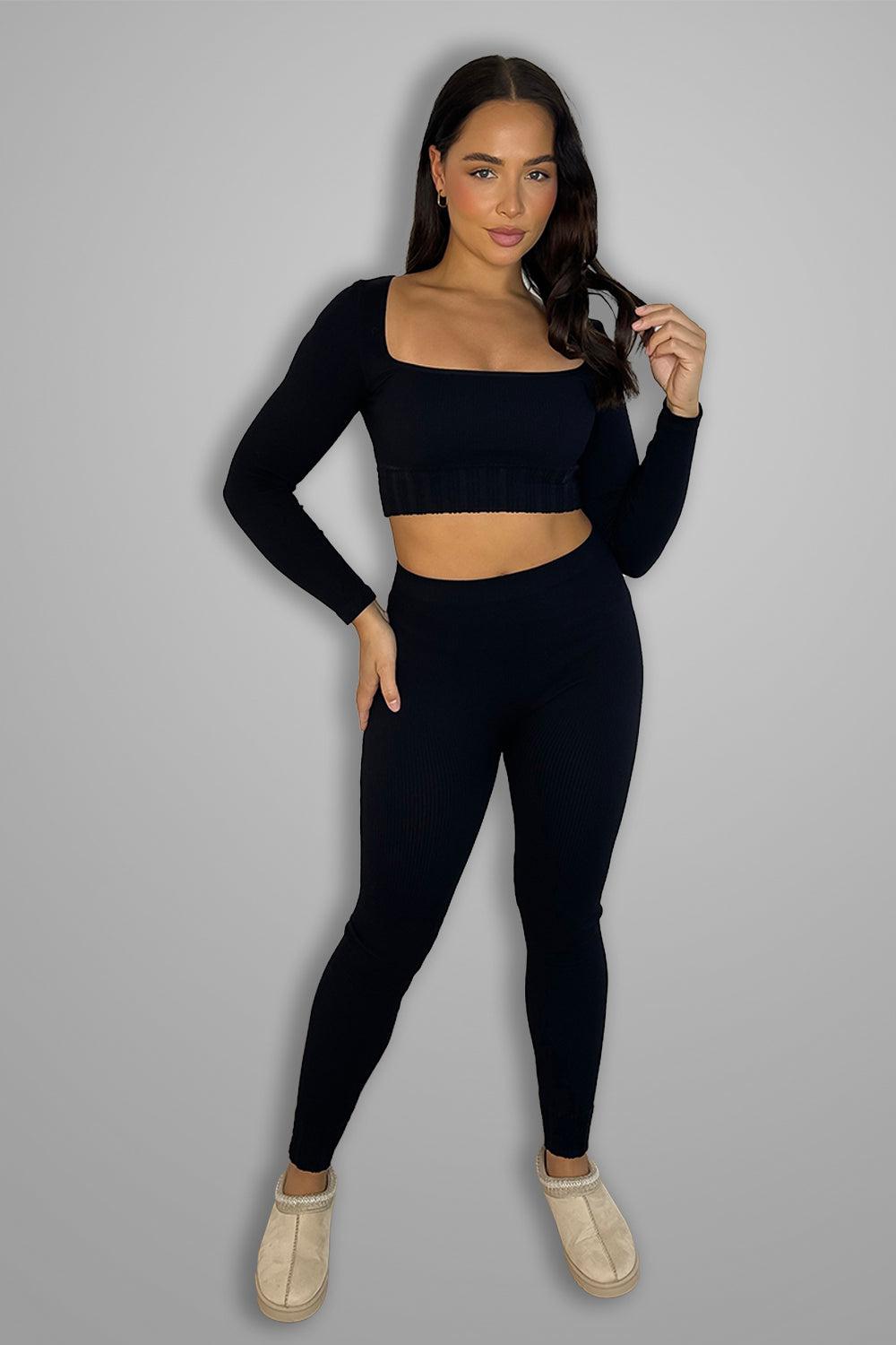 Ribbed Stretch Jersey Square Neck Top And Leggings Set-SinglePrice