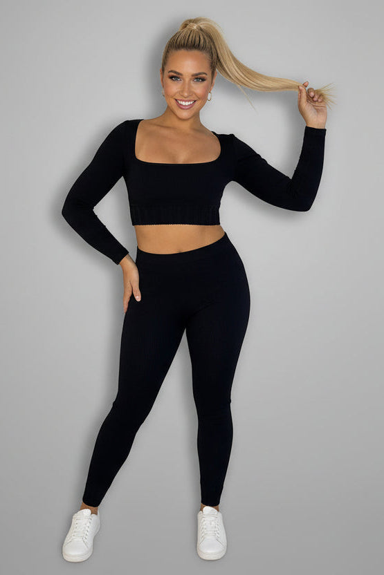 Ribbed Stretch Jersey Square Neck Top And Leggings Set-SinglePrice
