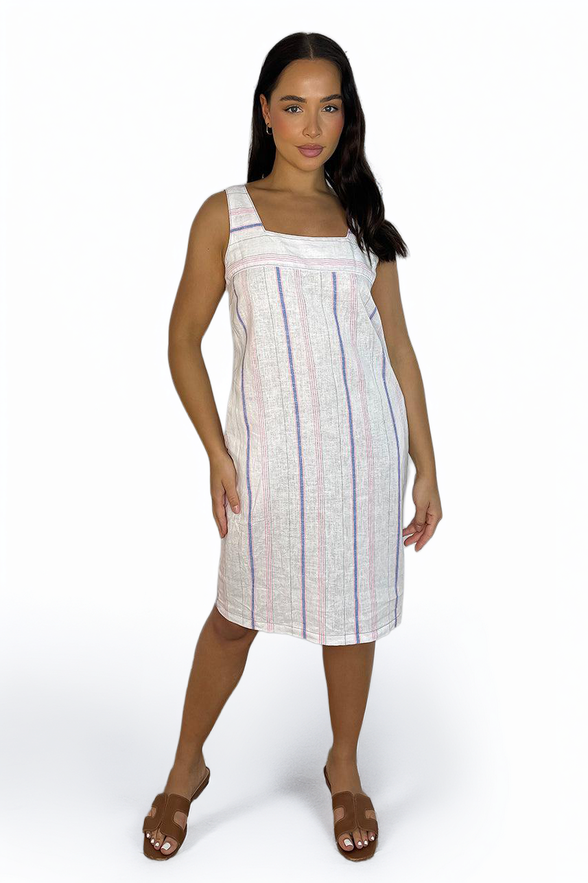 White Pinstripe Linen Blend Summer Dress