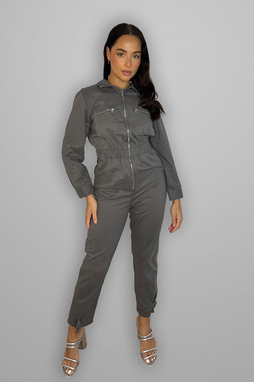 Grey Denim Zippers Details Boiler Jumpsuit-SinglePrice