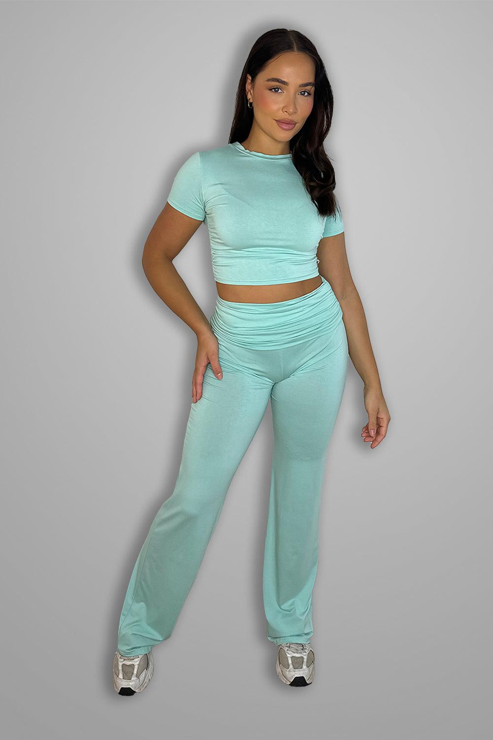 Lightweight Jersey Crop Top And Flared Trousers Set-SinglePrice