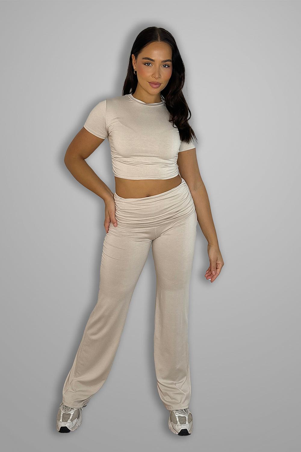 Lightweight Jersey Crop Top And Flared Trousers Set-SinglePrice