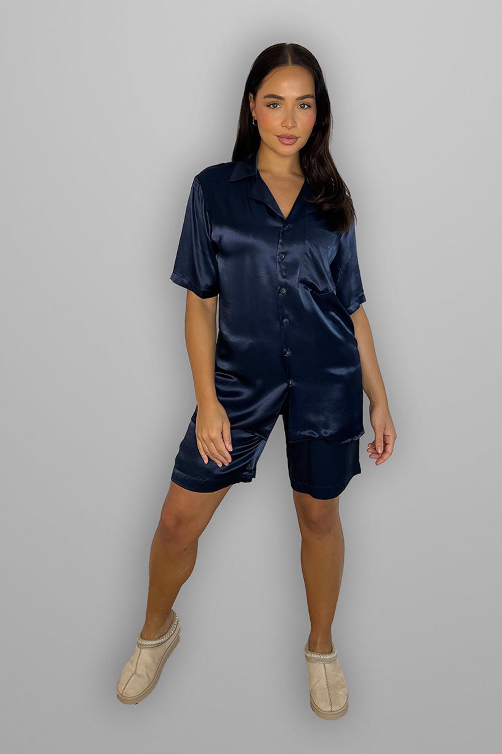 Navy Satin Shirt and Shorts Pyjama Set-SinglePrice