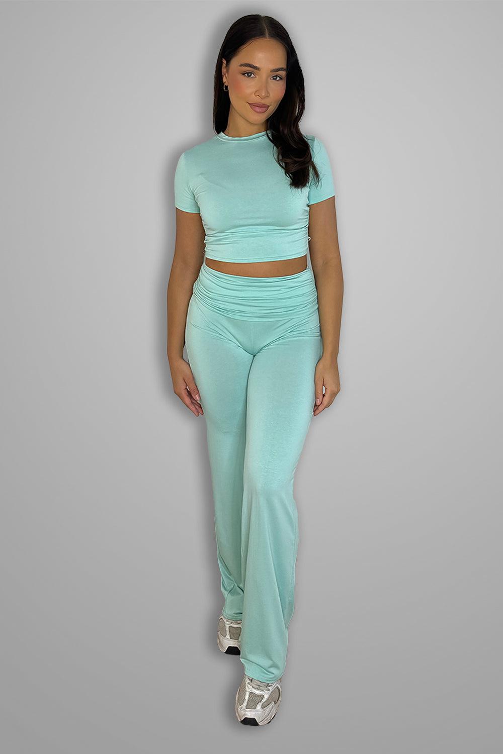 Lightweight Jersey Crop Top And Flared Trousers Set-SinglePrice
