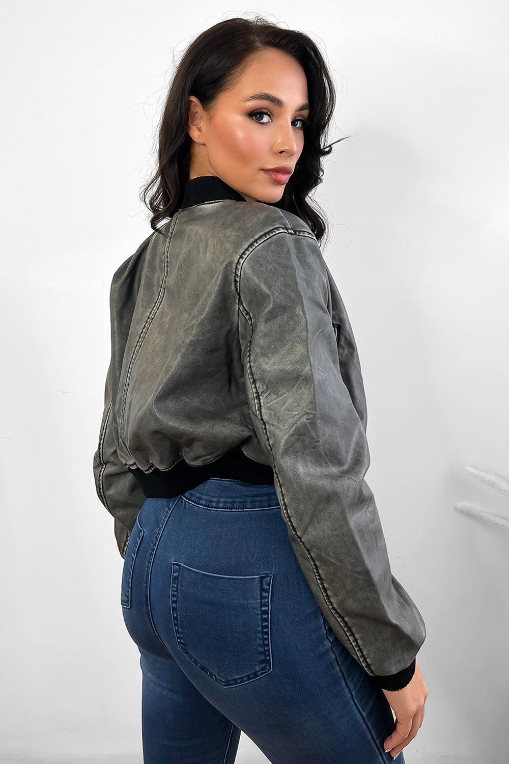 Black Grey Aged Effect Vegan Leather Bomber Jacket-SinglePrice