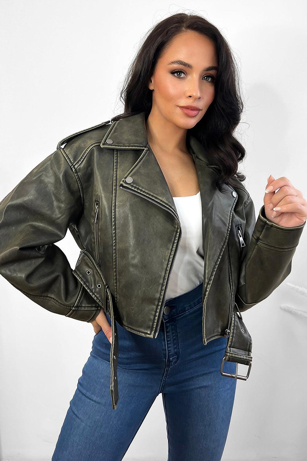 Khaki Aged Effect Vegan Leather Biker Jacket-SinglePrice