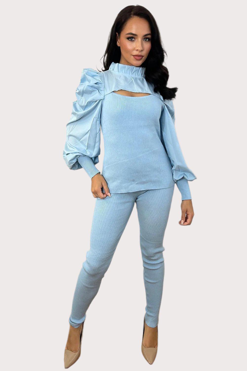 Extra Puff Sleeve Cut Out Chest Details Jersey Set-SinglePrice