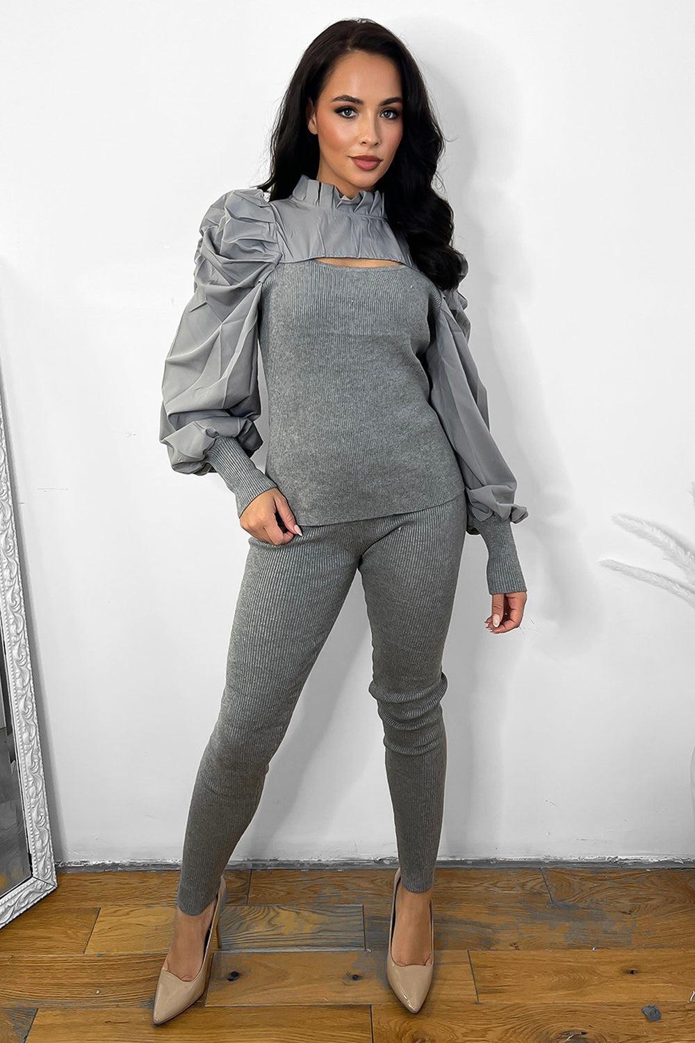 Extra Puff Sleeve Cut Out Chest Details Jersey Set-SinglePrice