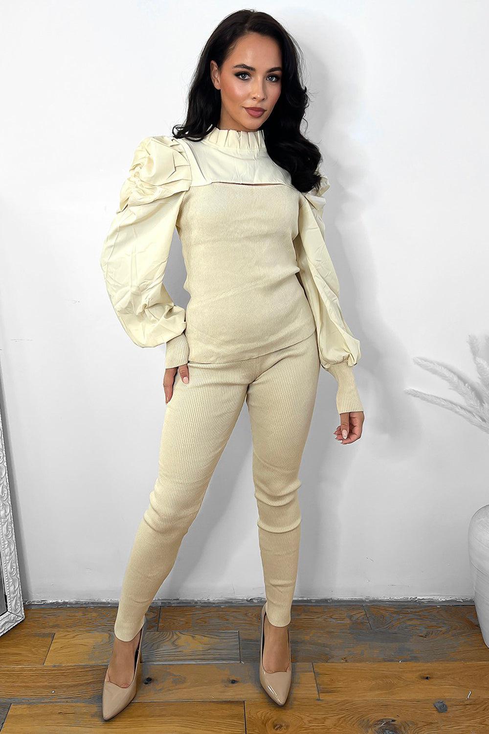 Extra Puff Sleeve Cut Out Chest Details Jersey Set-SinglePrice