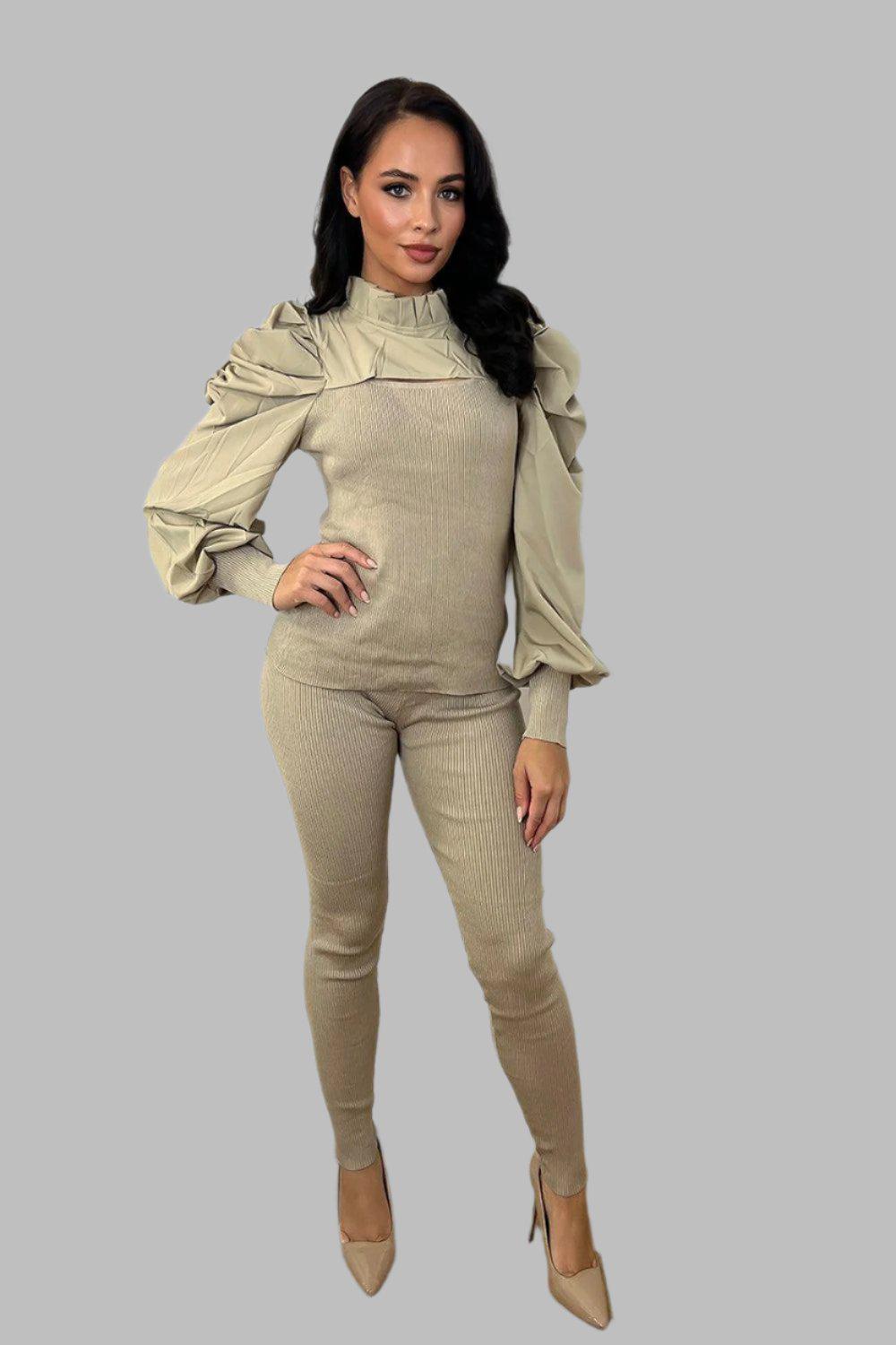 Extra Puff Sleeve Cut Out Chest Details Jersey Set-SinglePrice