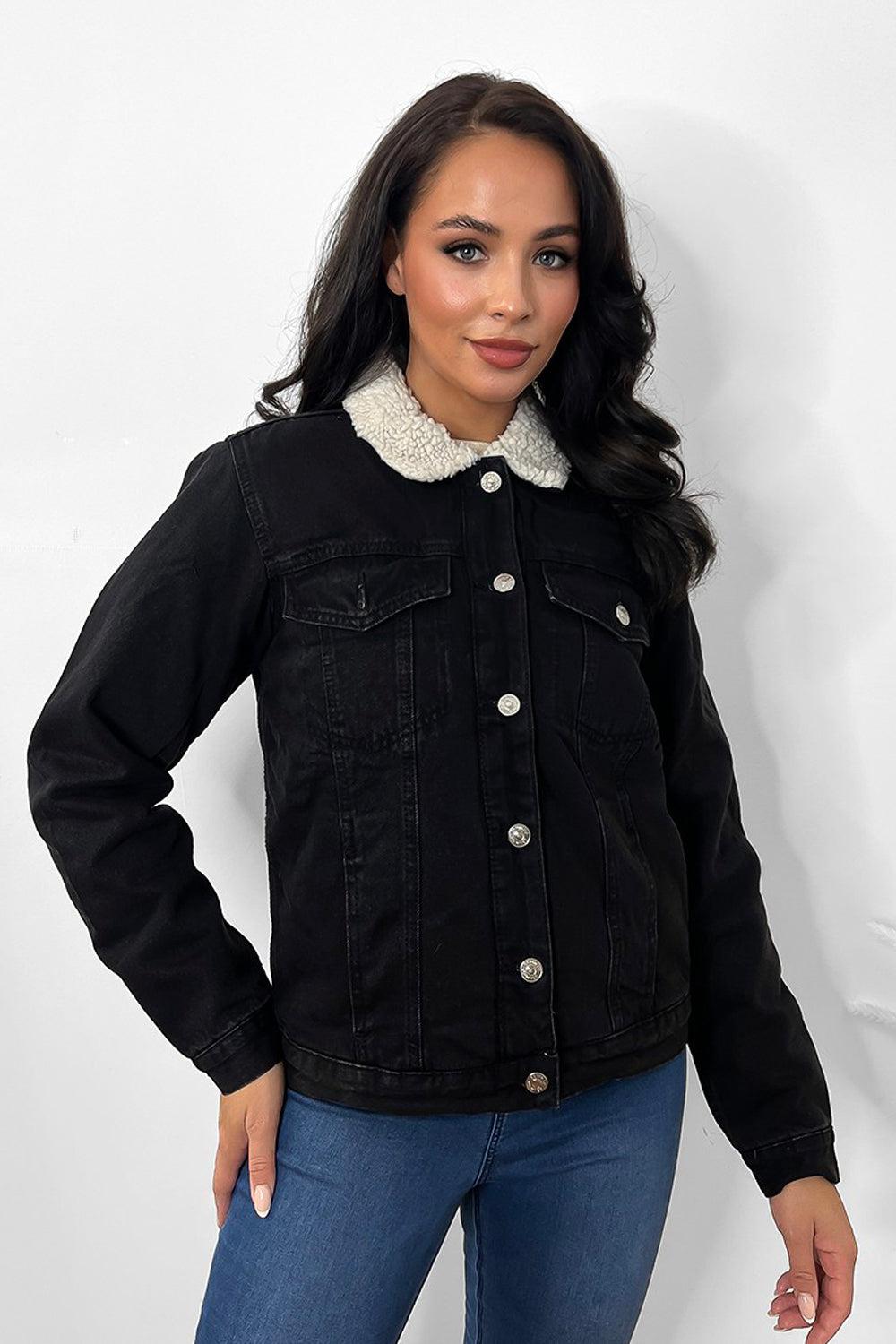 Black Vegan Shearling Denim Jacket-SinglePrice