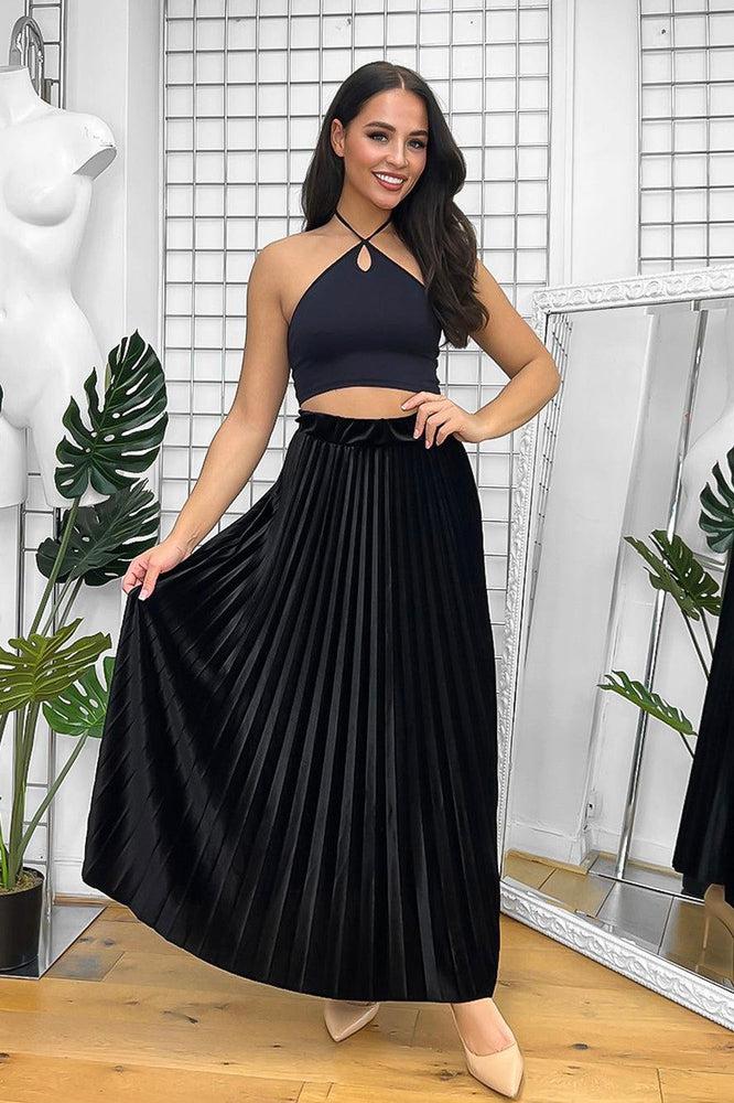 Elastic Waist Velour Pleated Maxi Skirts-SinglePrice