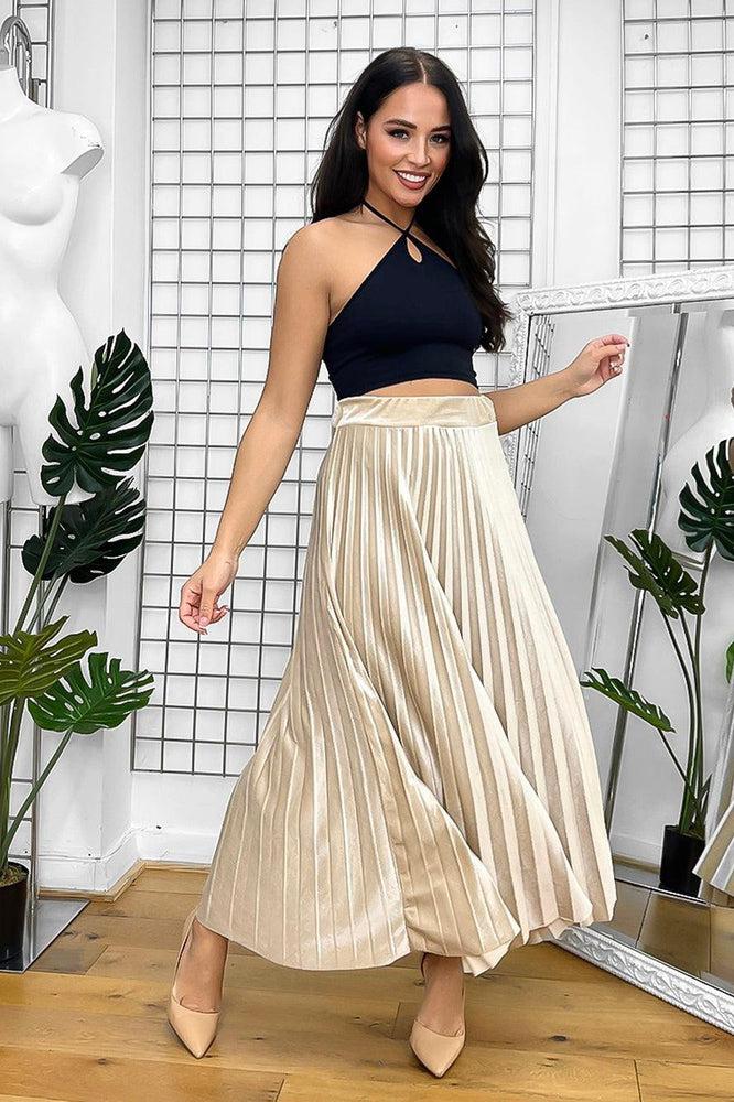 Elastic Waist Velour Pleated Maxi Skirts-SinglePrice