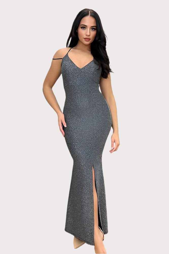 Shimmer Finish Leg Split Bodycon Maxi Dress-SinglePrice
