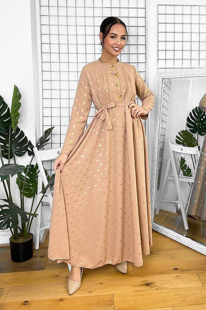 Button Neckline Gold Bokeh Modest Maxi Dress-SinglePrice