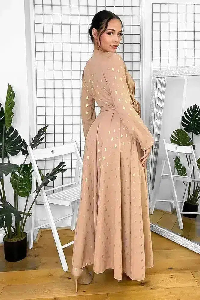 Button Neckline Gold Bokeh Modest Maxi Dress-SinglePrice