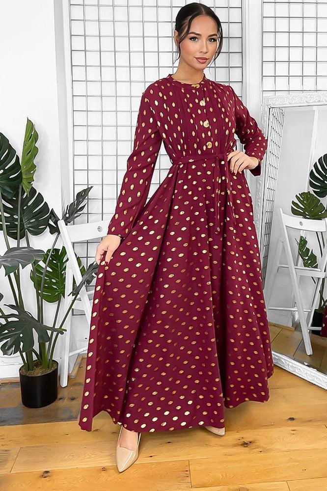 Button Neckline Gold Bokeh Modest Maxi Dress-SinglePrice
