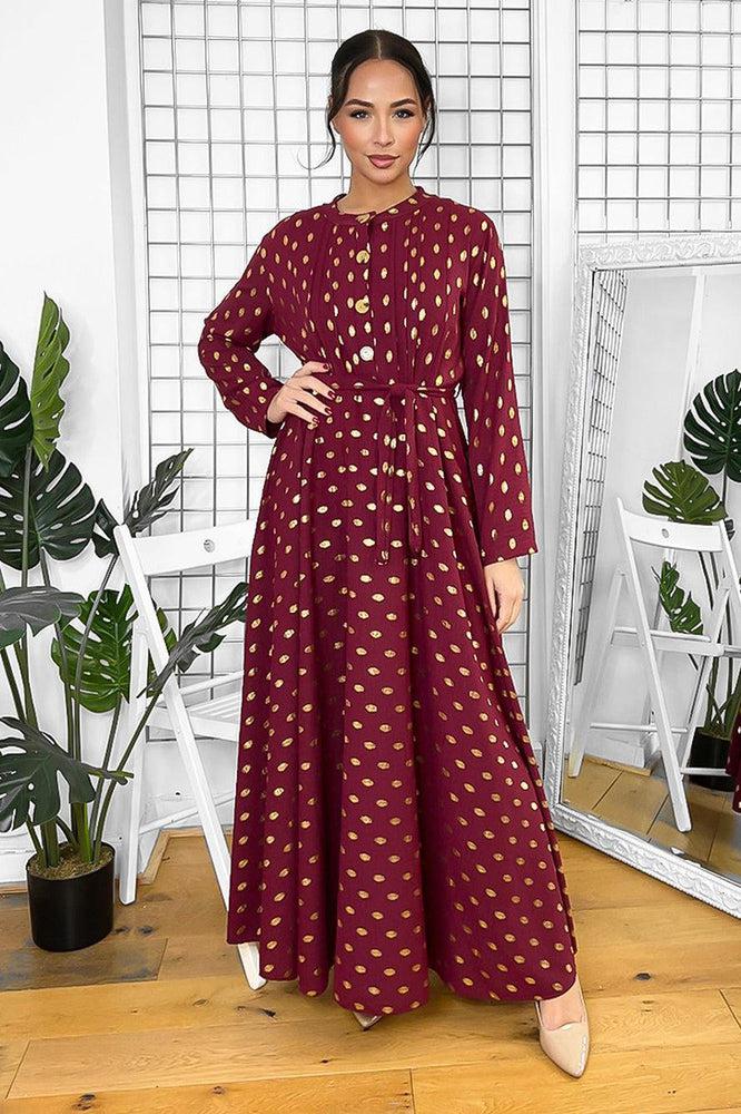Button Neckline Gold Bokeh Modest Maxi Dress-SinglePrice