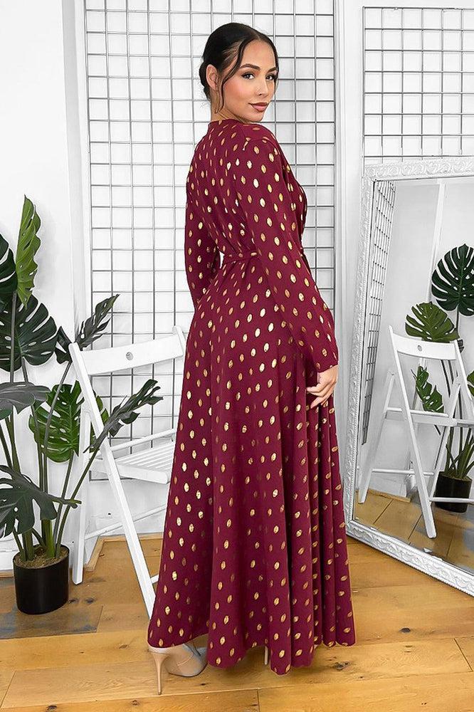 Button Neckline Gold Bokeh Modest Maxi Dress-SinglePrice