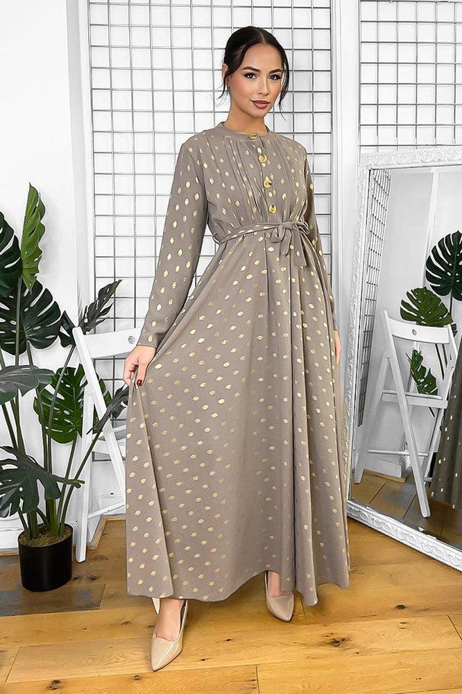 Button Neckline Gold Bokeh Modest Maxi Dress-SinglePrice