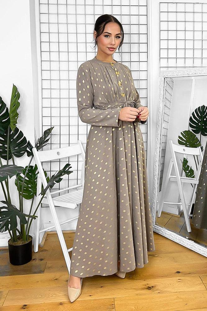 Button Neckline Gold Bokeh Modest Maxi Dress-SinglePrice