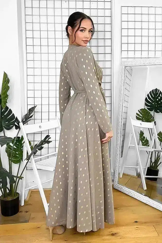 Button Neckline Gold Bokeh Modest Maxi Dress-SinglePrice