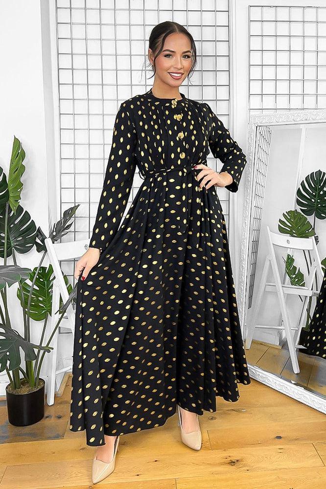 Button Neckline Gold Bokeh Modest Maxi Dress-SinglePrice