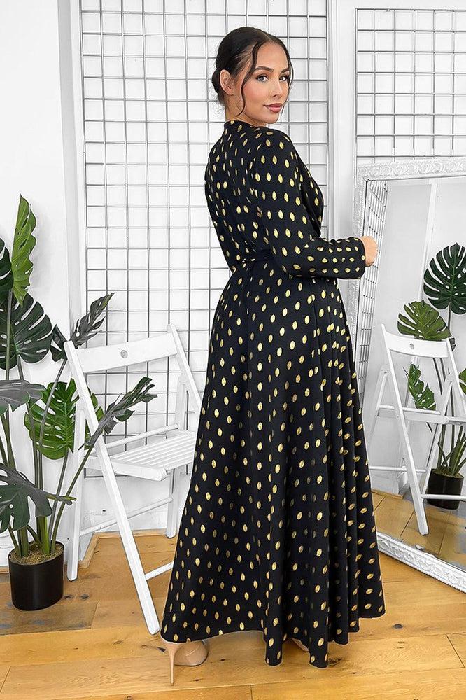 Button Neckline Gold Bokeh Modest Maxi Dress-SinglePrice