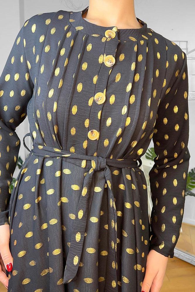 Button Neckline Gold Bokeh Modest Maxi Dress-SinglePrice