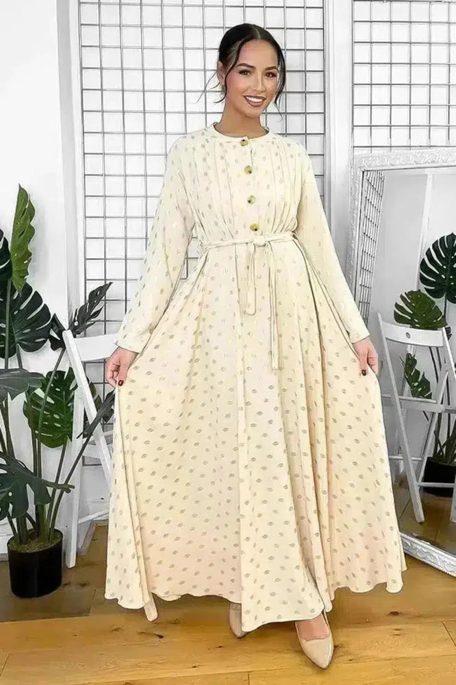 Button Neckline Gold Bokeh Modest Maxi Dress-SinglePrice