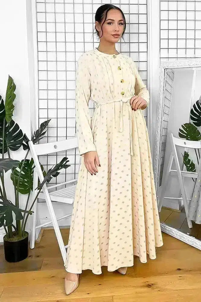 Button Neckline Gold Bokeh Modest Maxi Dress-SinglePrice