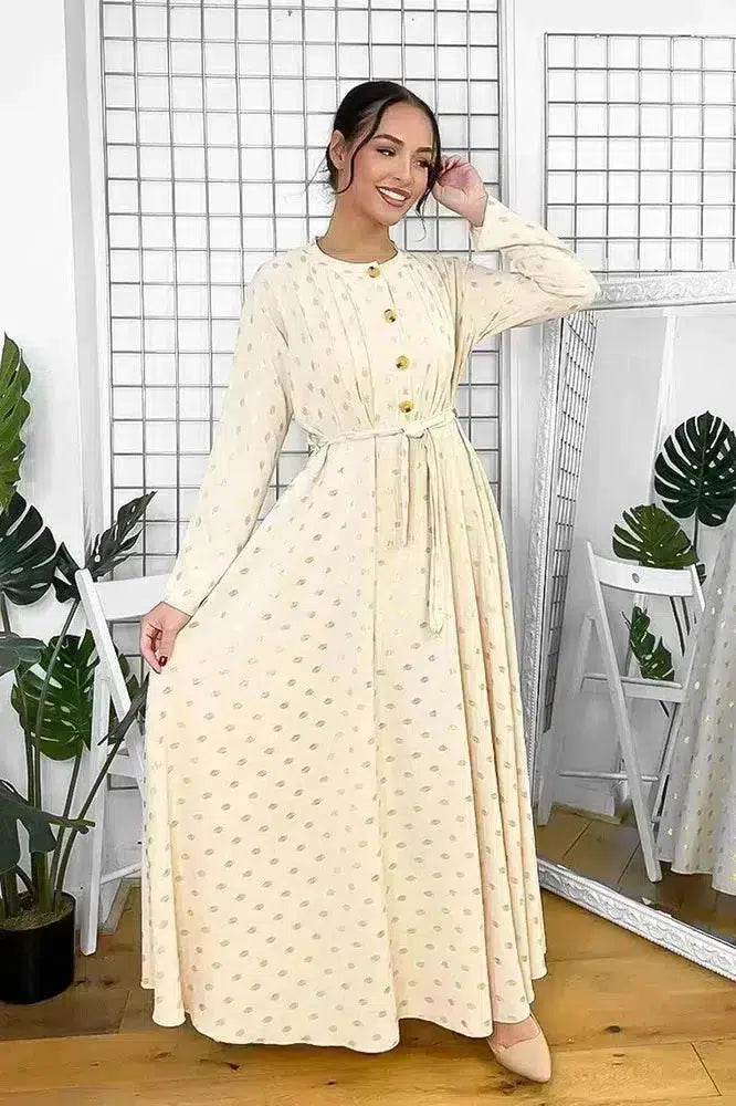Button Neckline Gold Bokeh Modest Maxi Dress-SinglePrice