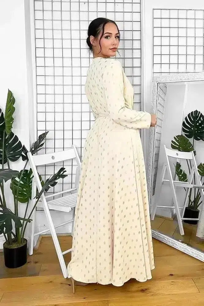 Button Neckline Gold Bokeh Modest Maxi Dress-SinglePrice