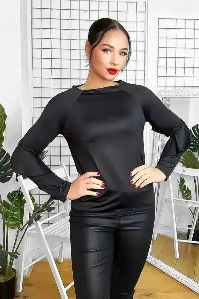 Black Satin Frill Sleeves Blouse-SinglePrice
