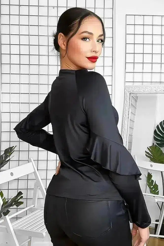 Black Satin Frill Sleeves Blouse-SinglePrice