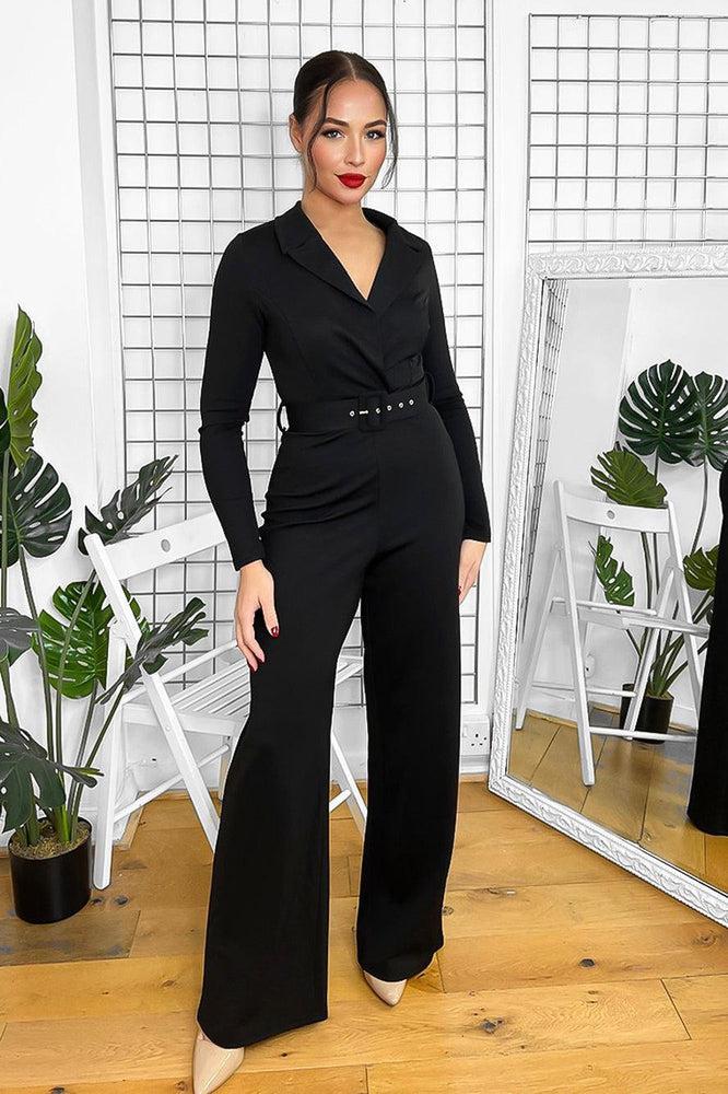 Black Deep V-Neck Belted Wide Leg Jumpsuit-SinglePrice