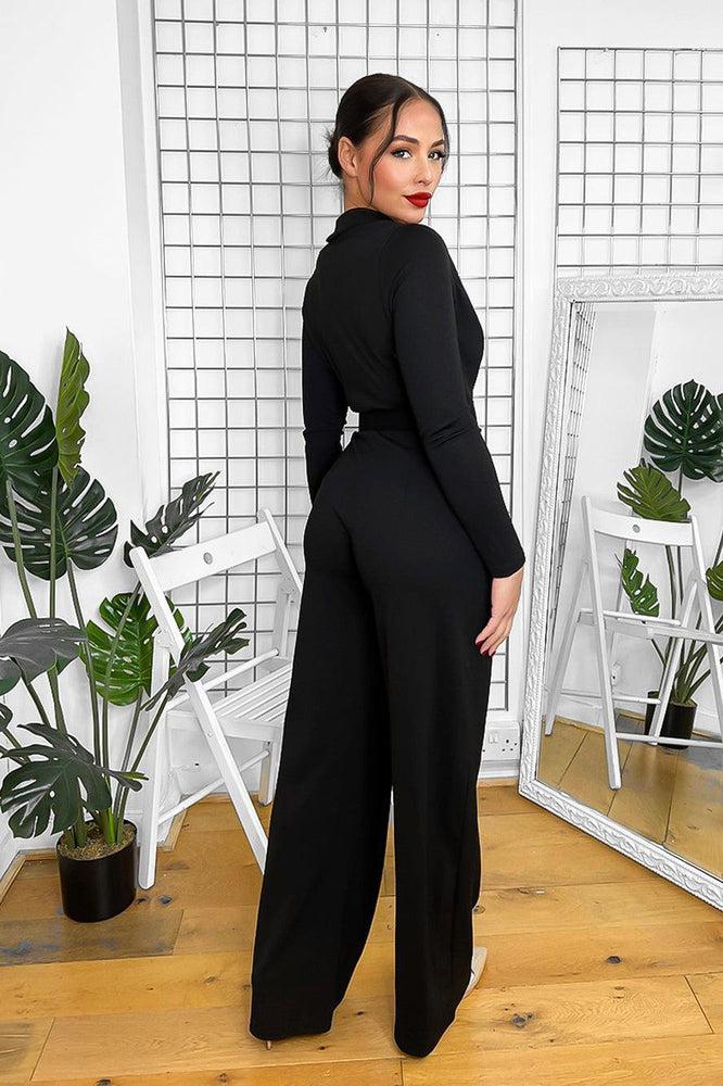 Black Deep V-Neck Belted Wide Leg Jumpsuit-SinglePrice