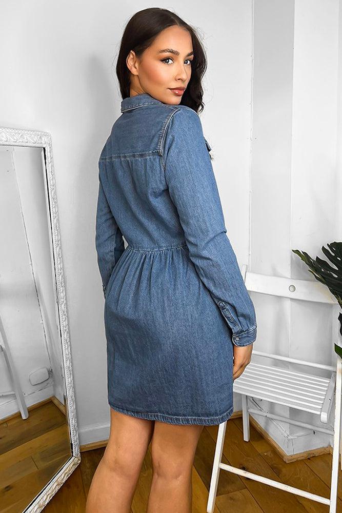 100% Cotton Blue Denim Babydoll Shirt Dress-SinglePrice