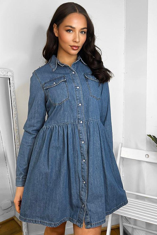 100% Cotton Blue Denim Babydoll Shirt Dress-SinglePrice