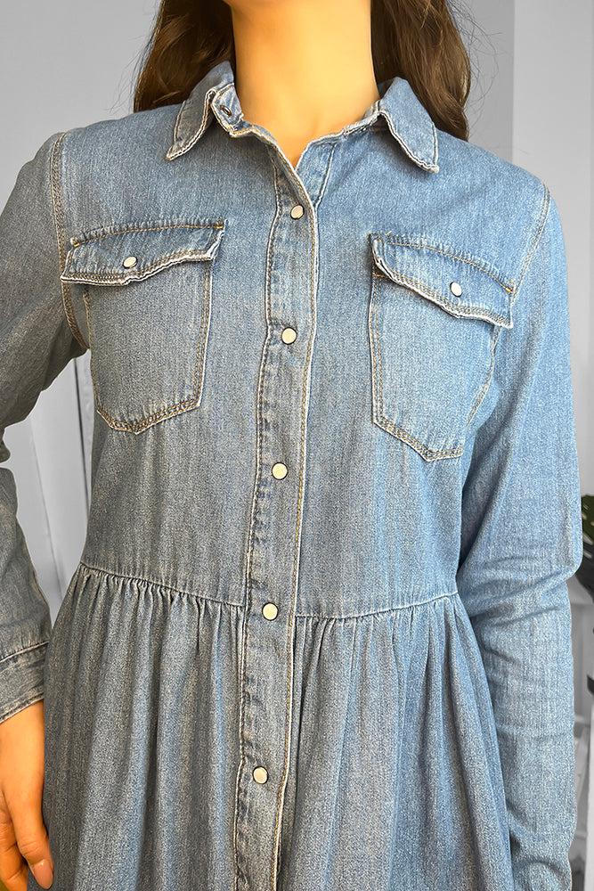 100% Cotton Blue Denim Babydoll Shirt Dress-SinglePrice
