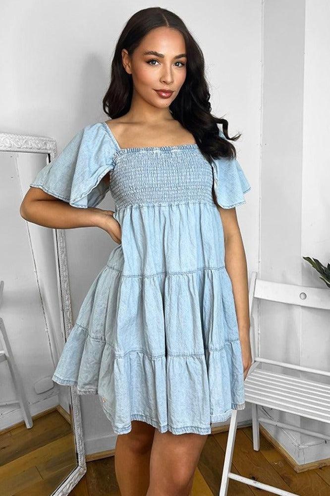 100% Cotton Light Denim Blue Milkmaid Dress-SinglePrice