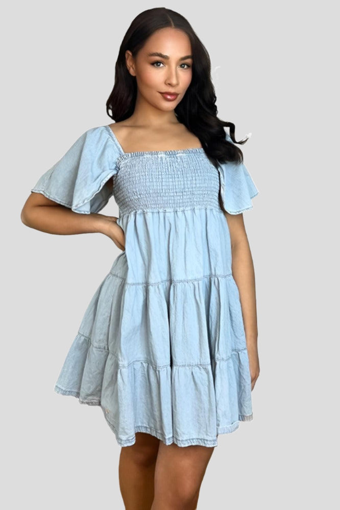 100% Cotton Light Denim Blue Milkmaid Dress-SinglePrice