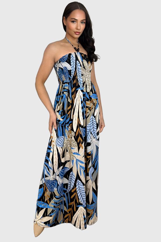 Multicolour Floral Print Shirred Bust Slinky Maxi Dress-SinglePrice