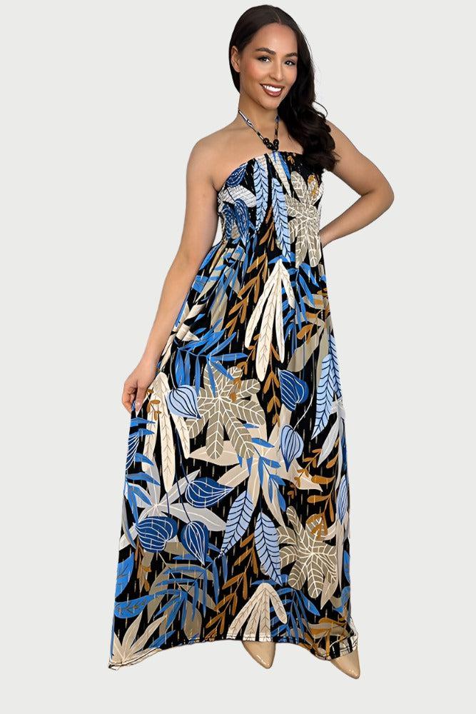 Multicolour Floral Print Shirred Bust Slinky Maxi Dress-SinglePrice